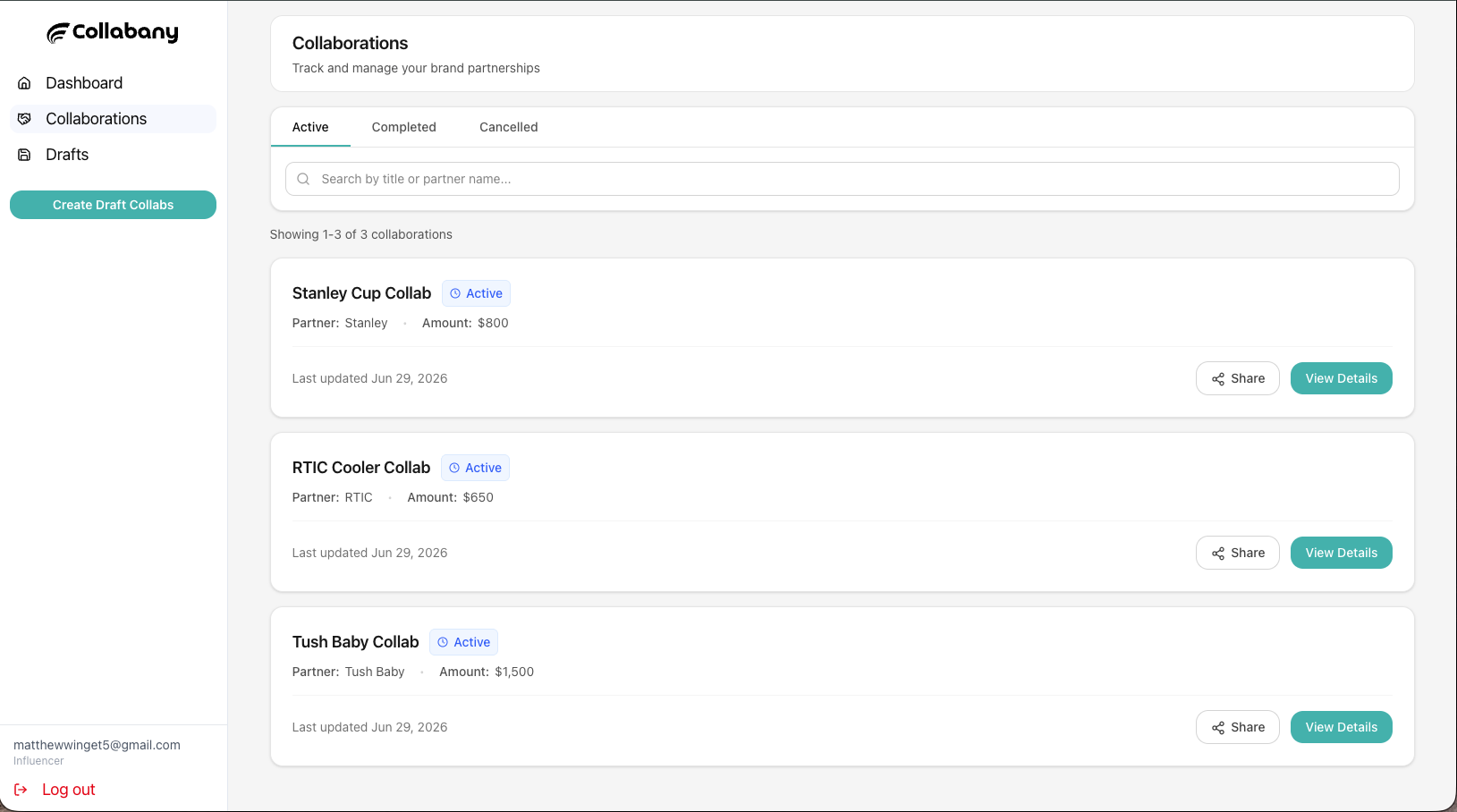 Collabany dashboard showing active brand collaborations with partner, amount, and status.